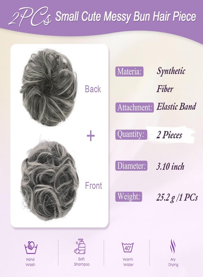 FESHFEN 2PCs Small Messy Bun Hair Piece for Thin Hair Women Girl Mini Synthetic Elastic Wavy Space-bun Scrunchies Updo Hairpieces, Black Gray and White Tips - Image 2